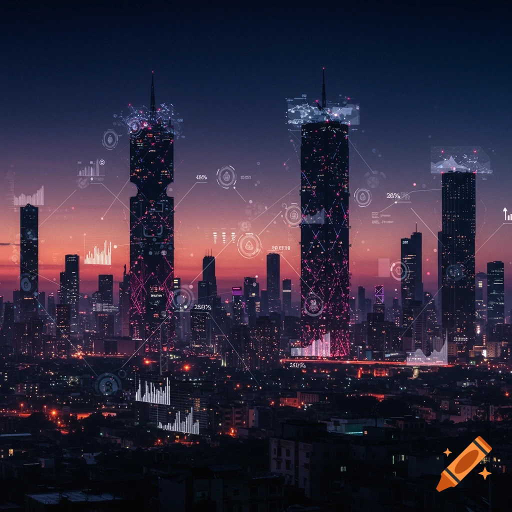 A city skyline at dusk with futuristic data visualizations and graphs.