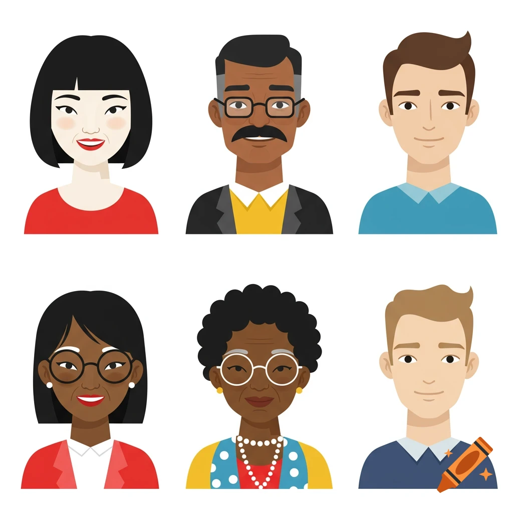 Six diverse illustrated portraits in a simple vector style, showing heads and shoulders.