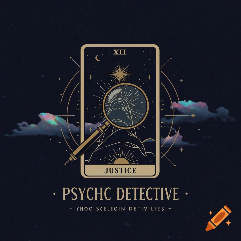 Logo design featuring a tarot card, magnifying glass, and text 'Psychic Detective' on a dark, starry background.