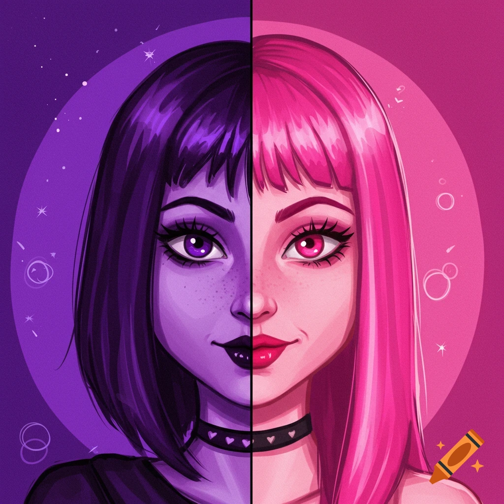Stylized split portrait, one side purple with dark hair and eyes, the other pink with pink hair and eyes.