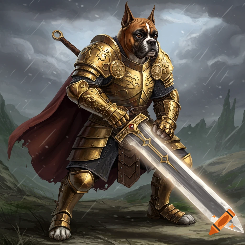 A Boxer dog warrior in golden armor holds a glowing sword in a rainy landscape.