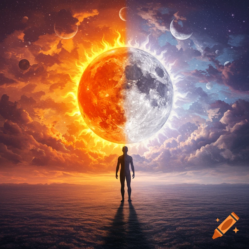 A person stands facing a large celestial body split into sun and moon under a divided sky.