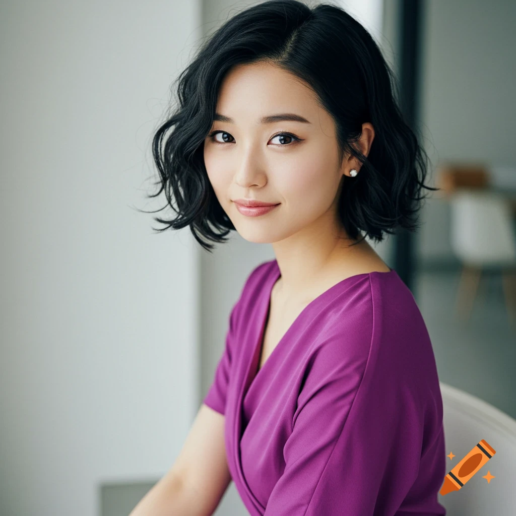 Portrait of a woman with short dark hair wearing a purple dress, smiling.