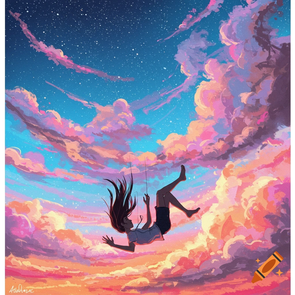 A person falling through vibrant pink and orange clouds in a starry blue sky.
