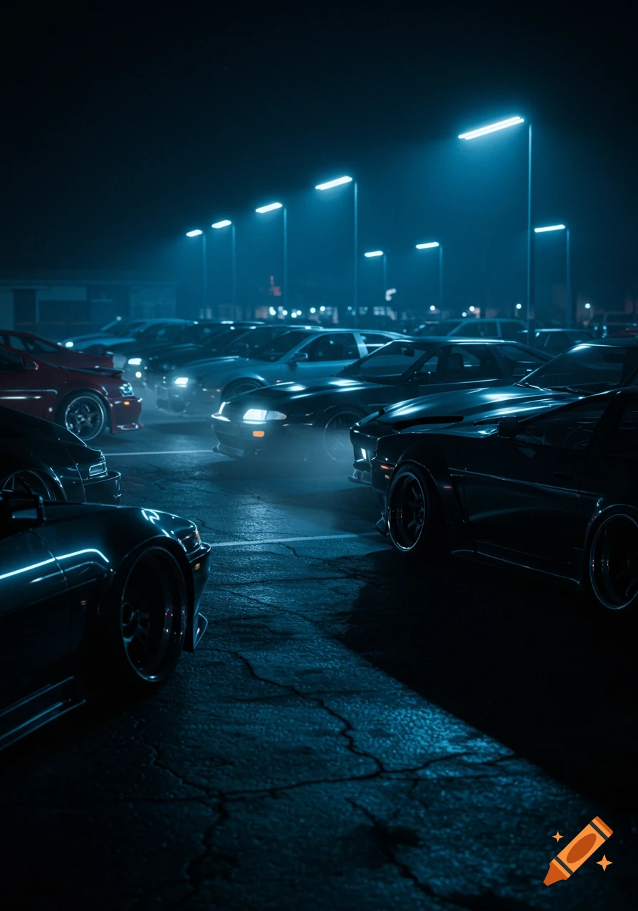 Sports cars parked in a dark lot under streetlights