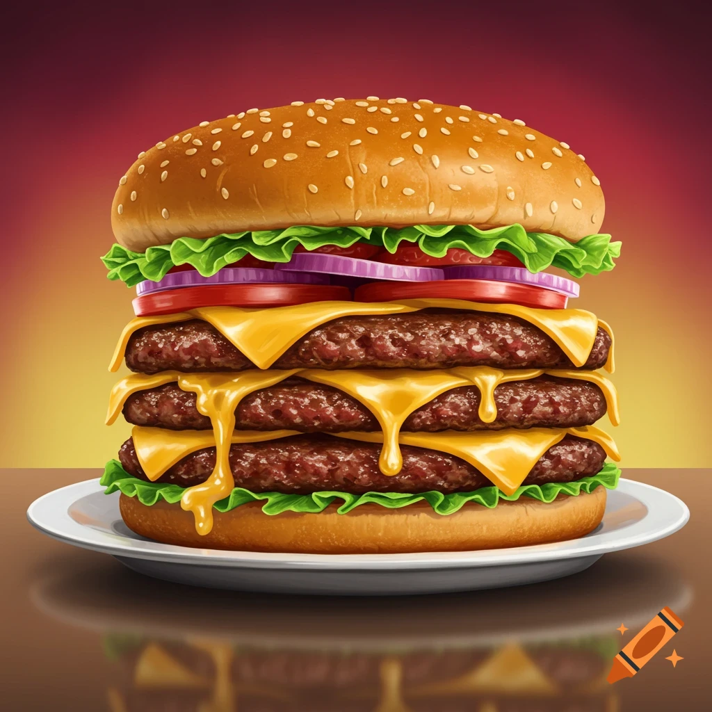 A large triple-decker burger with cheese, lettuce, tomato, and onion on a plate.