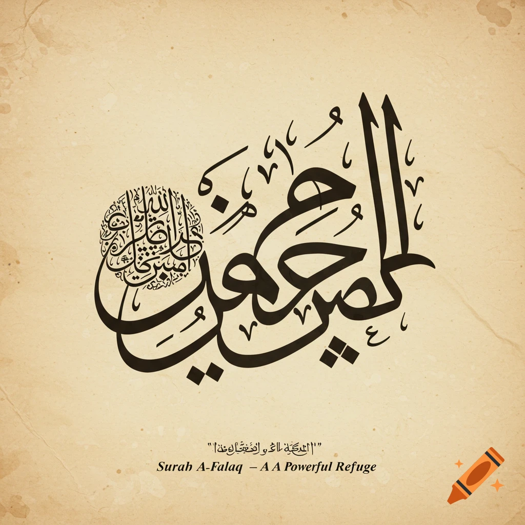 Elegant Arabic calligraphy of Al-Falaq on textured paper with English text below.