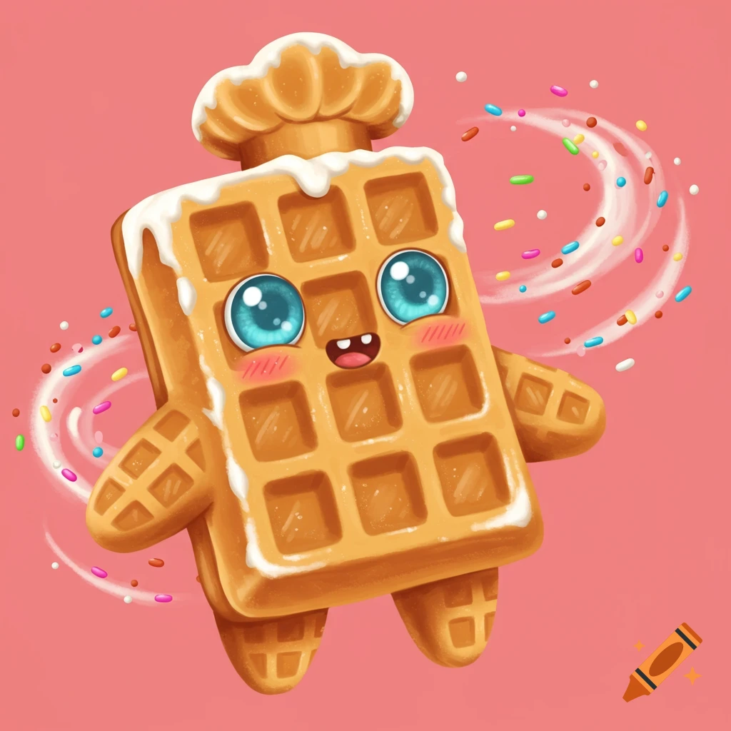 Cute cartoon waffle character wearing a chef hat, surrounded by sprinkles.