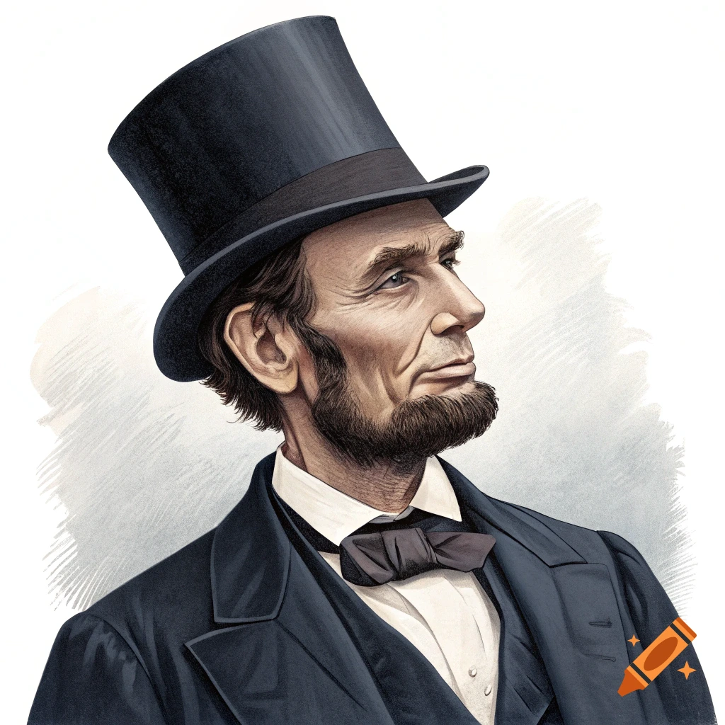Illustration portrait of Abraham Lincoln looking right, wearing a top hat, suit, and bow tie