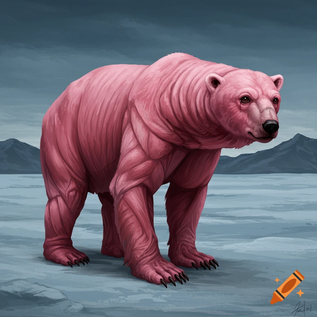 A pink, furless bear stands in an icy landscape.