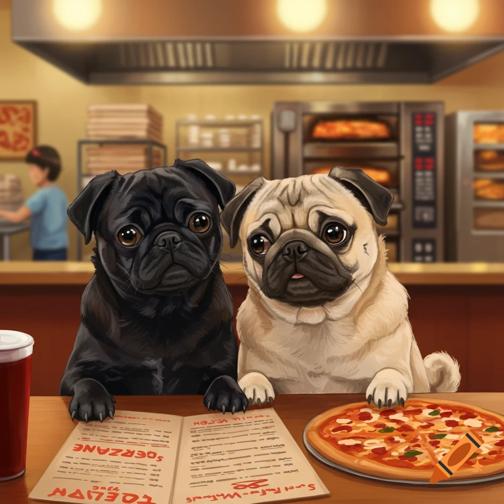 Two pugs looking at a menu with a pizza in a pizza shop