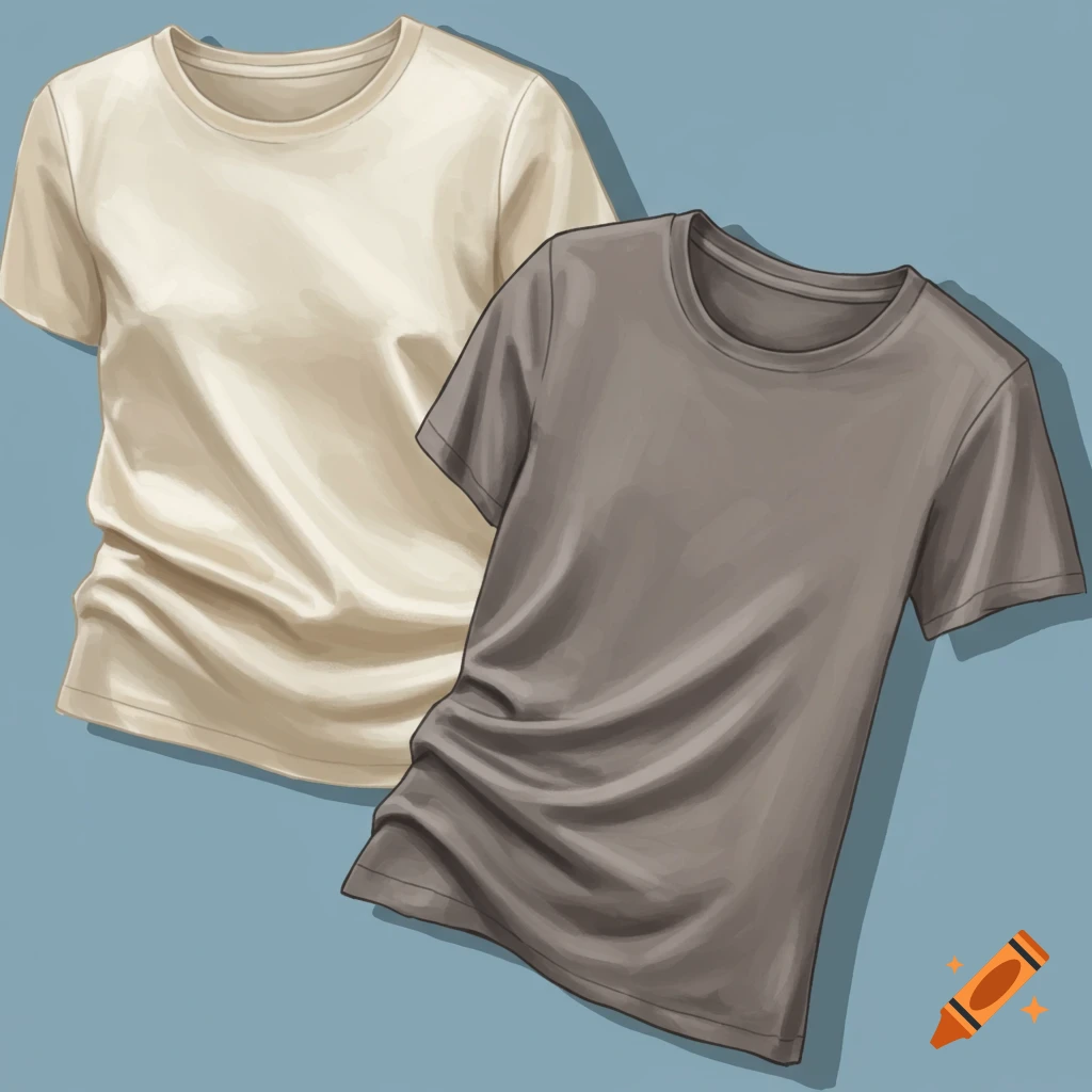 Beige and gray t-shirts are arranged against a blue background.