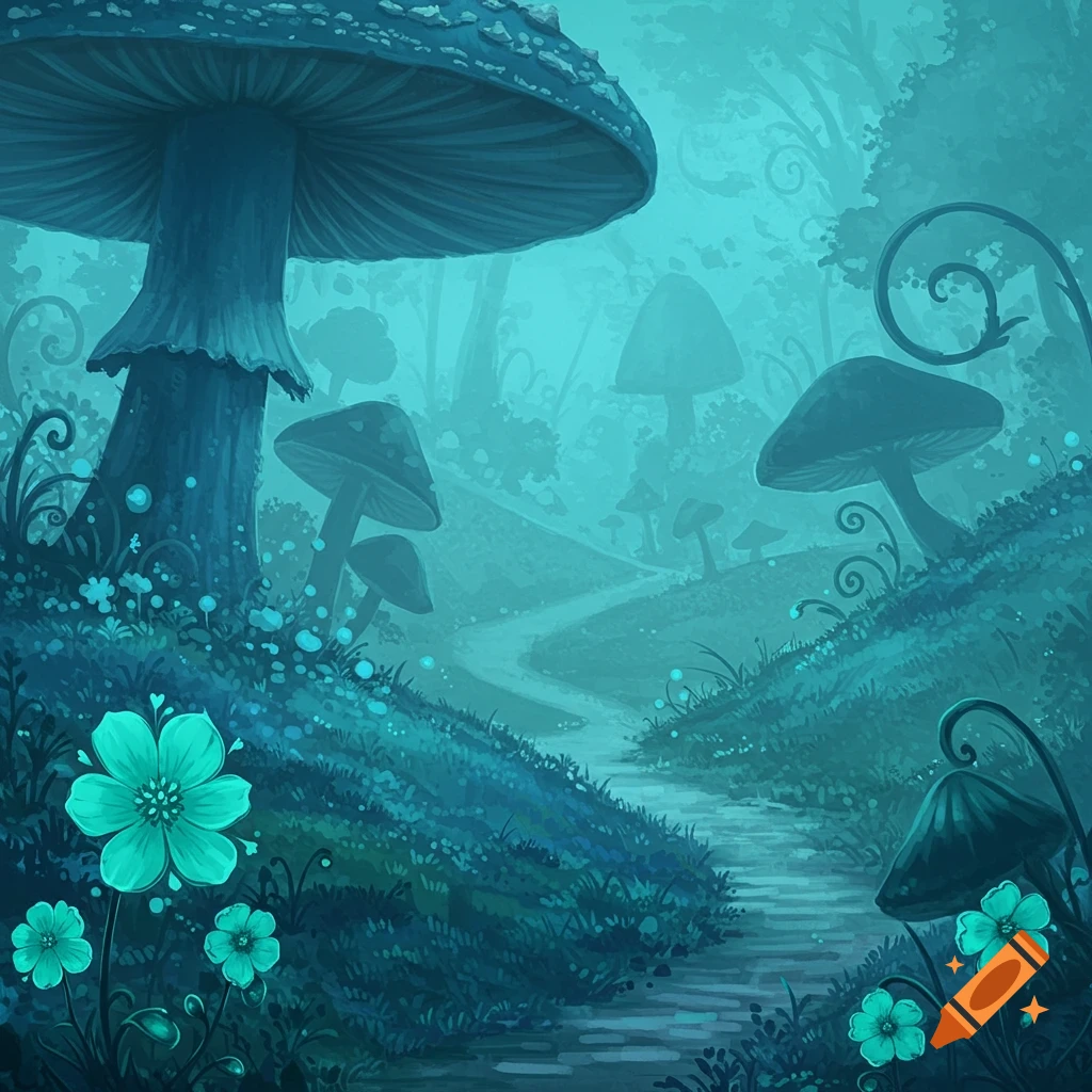 A fantasy forest scene with large mushrooms, glowing flowers, and a path.