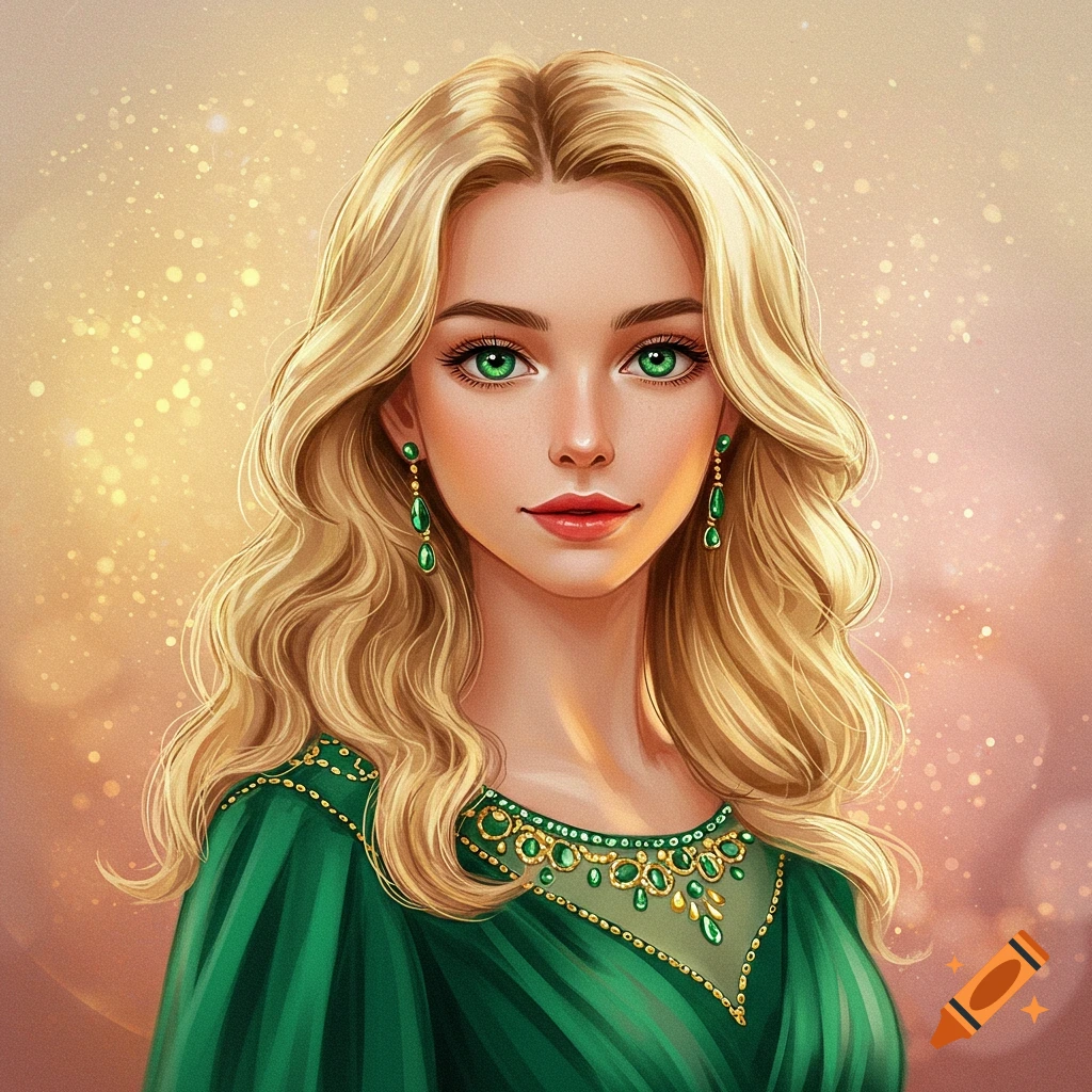 A blonde woman with green eyes wears a green dress and gemstone earrings.