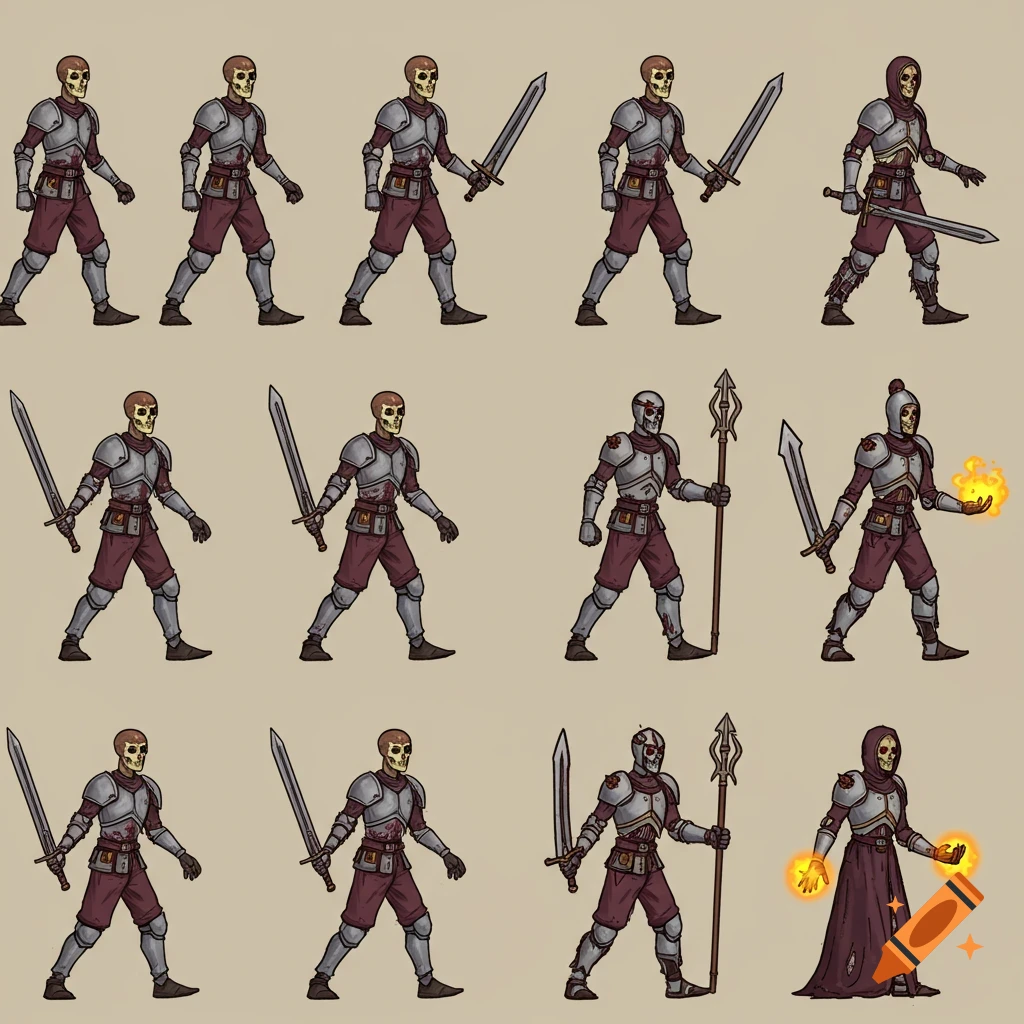 Sprite sheet of skeletal knights in various poses.