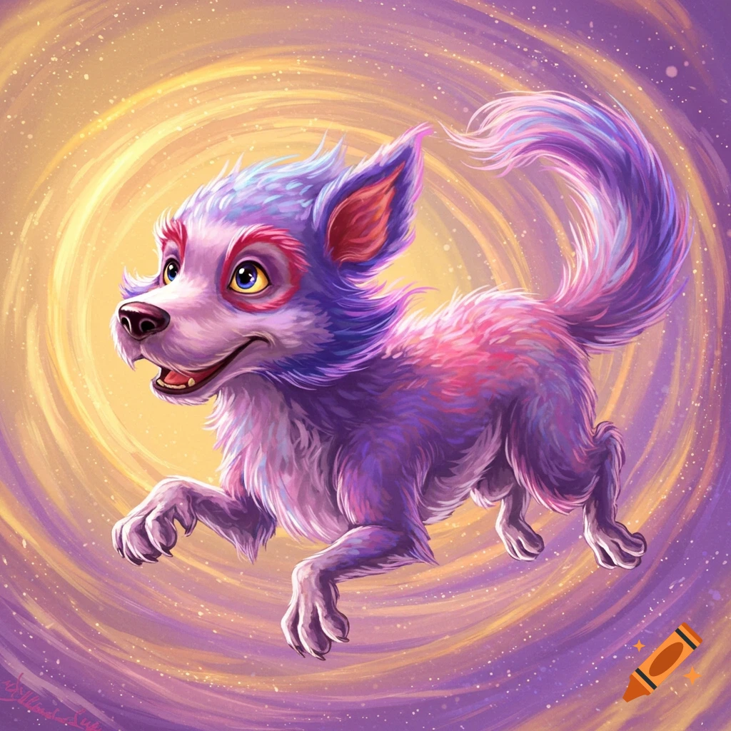 A dog-like fantasy dragon flying through a swirling purple and yellow background.