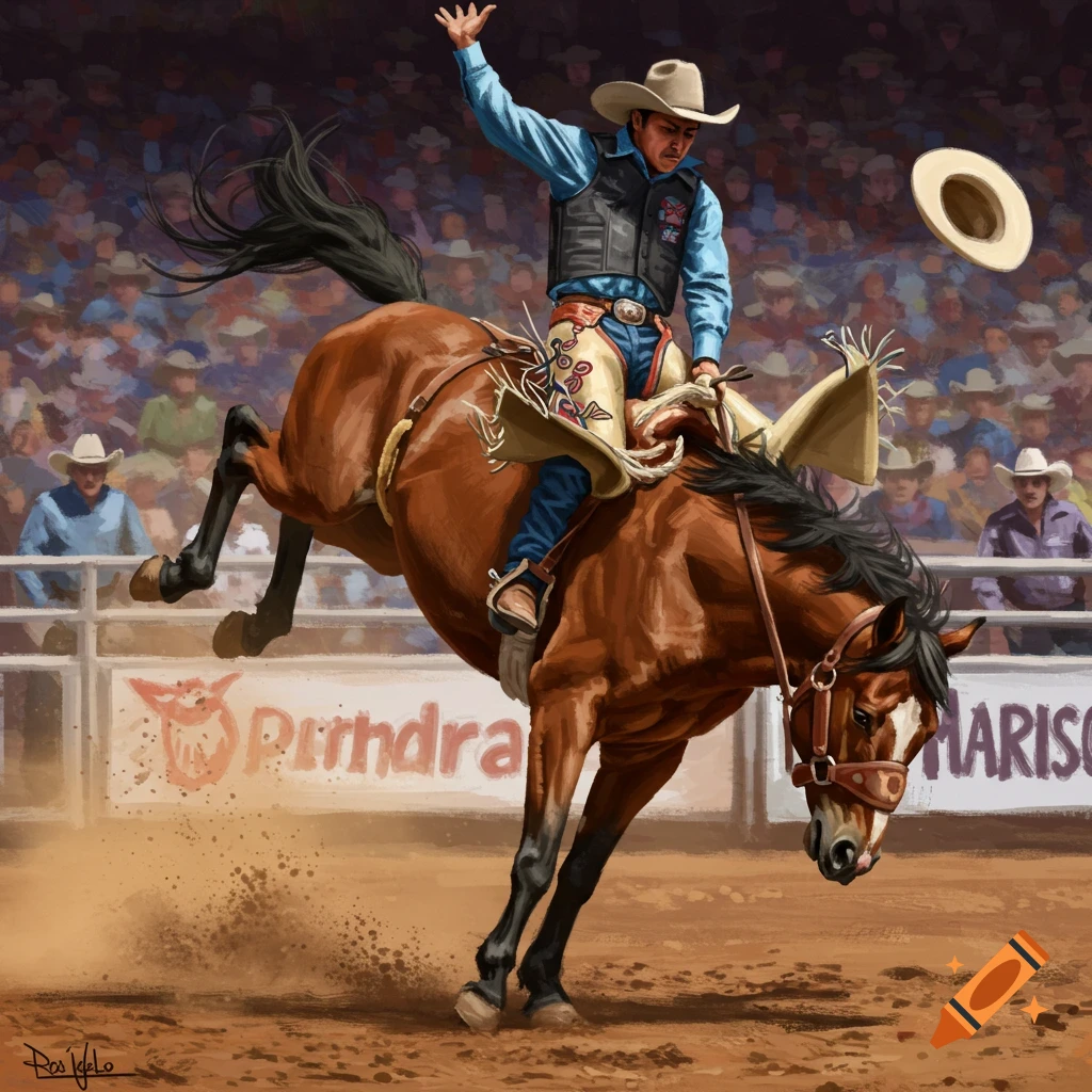 A rodeo rider on a bucking bronco in an arena.