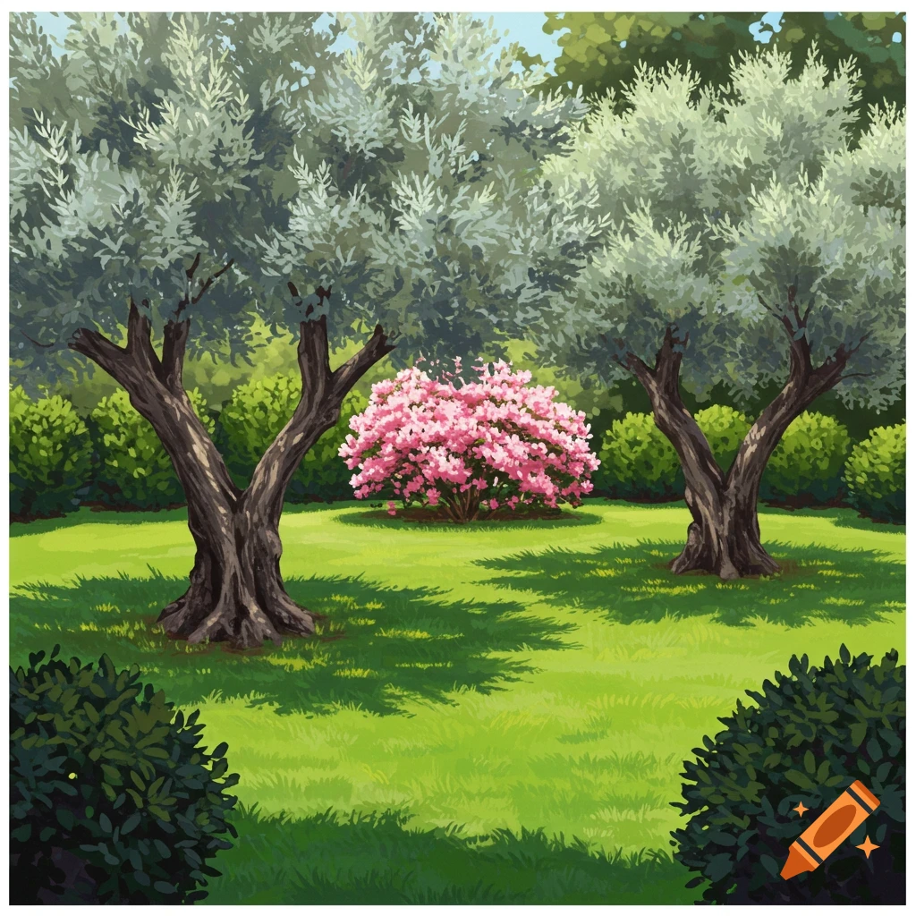 A garden with olive trees, a pink azalea bush, and green hedges