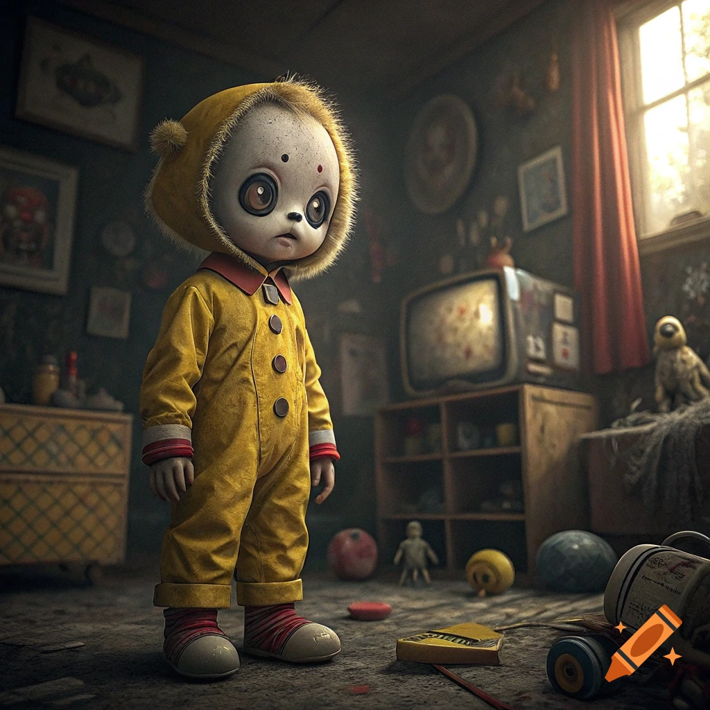 Doll-like figure in yellow suit stands in a cluttered, eerie room