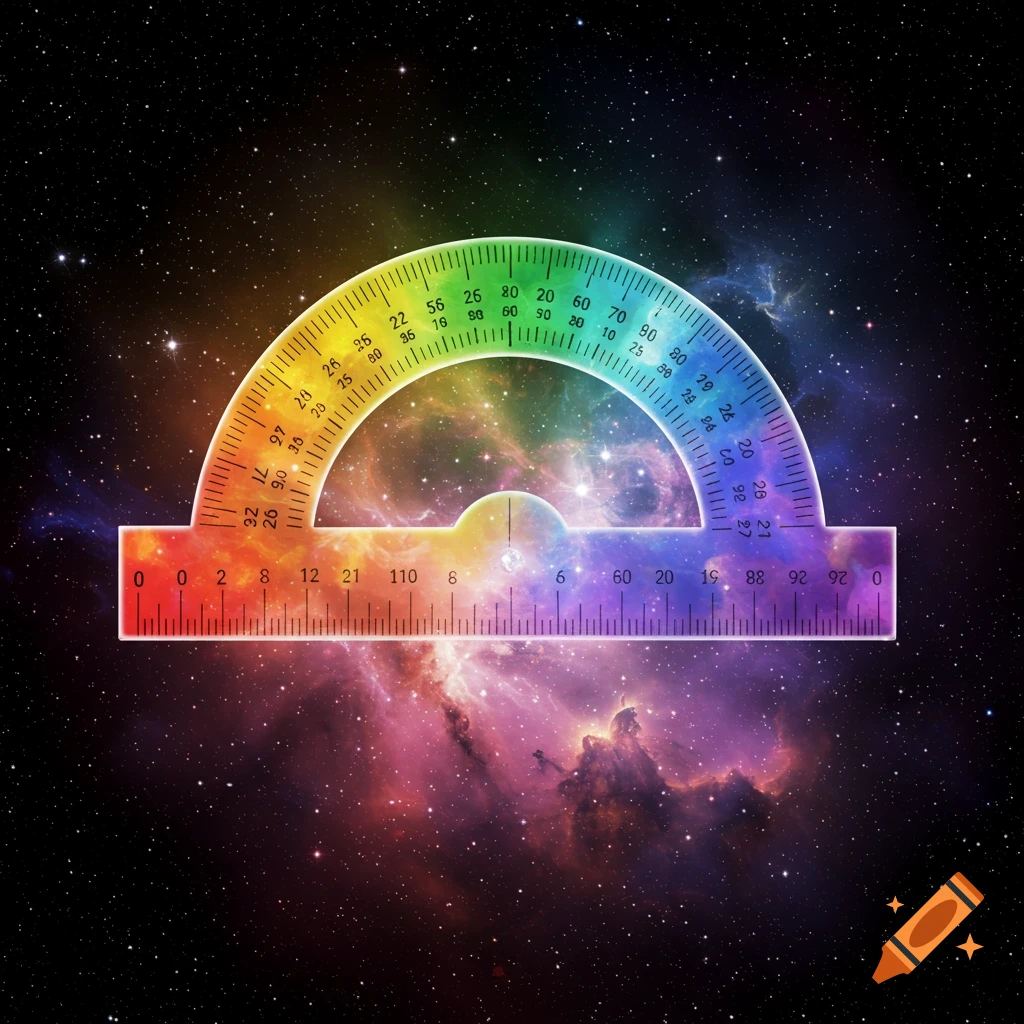 A rainbow-colored protractor is placed over a vibrant nebula and starry galaxy background.
