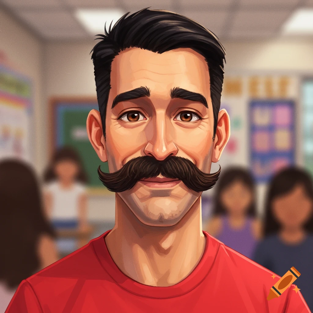 A man with a large mustache wearing a red shirt, standing in a classroom.