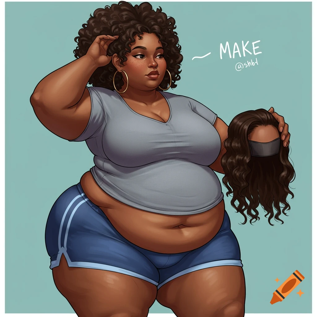 A fat Black woman in a gray shirt and blue shorts, holding a wig.