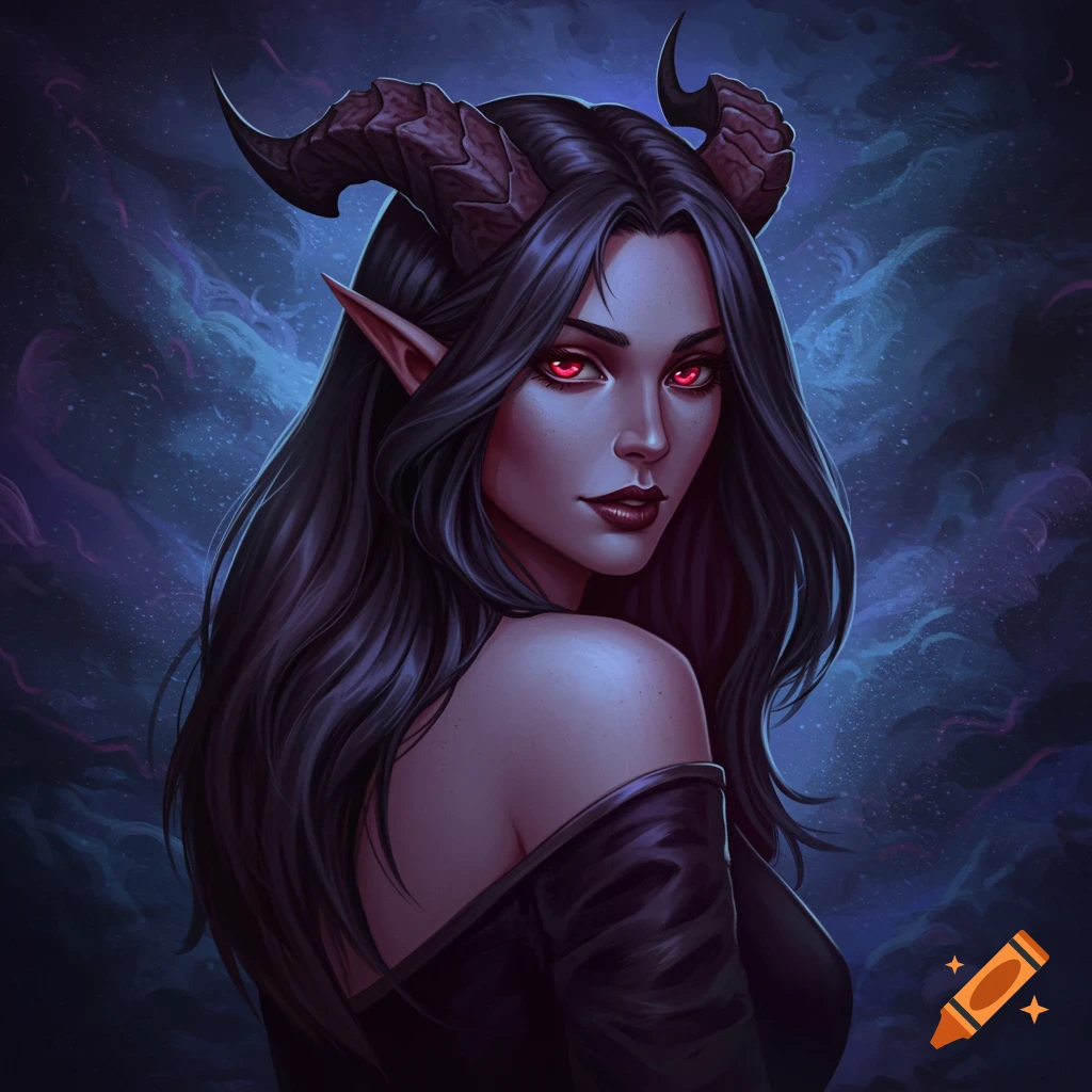 A female fantasy character with horns, red eyes, and dark hair stands against a swirling purple and blue background.