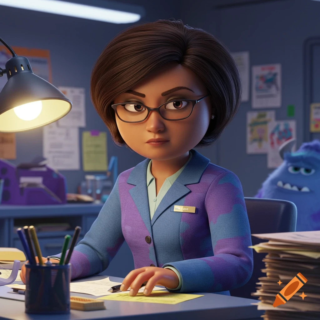Cartoon woman in suit and glasses at an office desk with a monster in the background in Monsters Inc style animation.