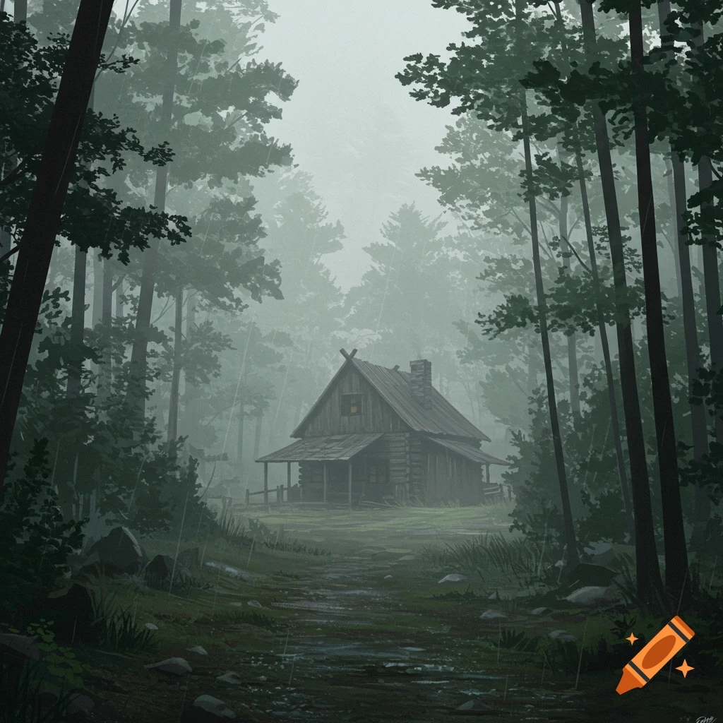A wooden cabin in a foggy forest during a rainy day, seen from a path.