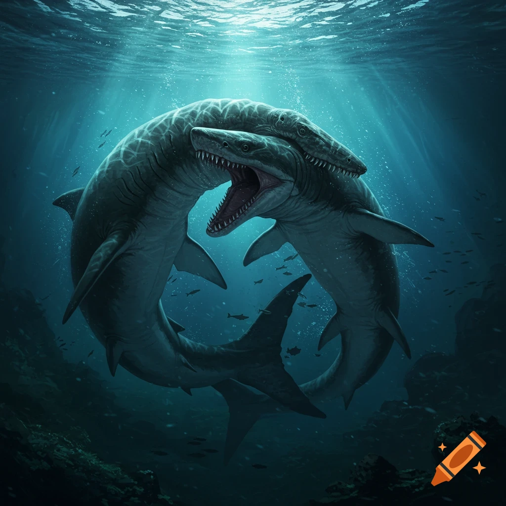 Two giant marine predators fighting underwater with sunlight rays from surface.