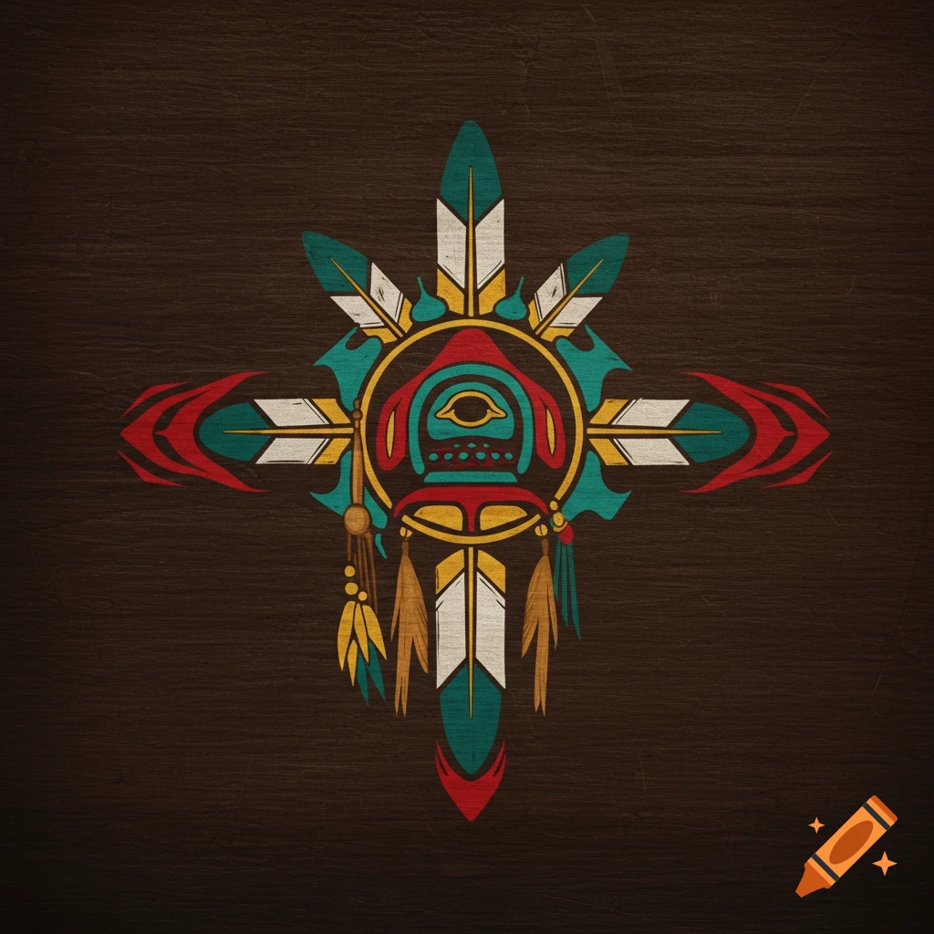 Native American style tribal symbol on a dark wood background.