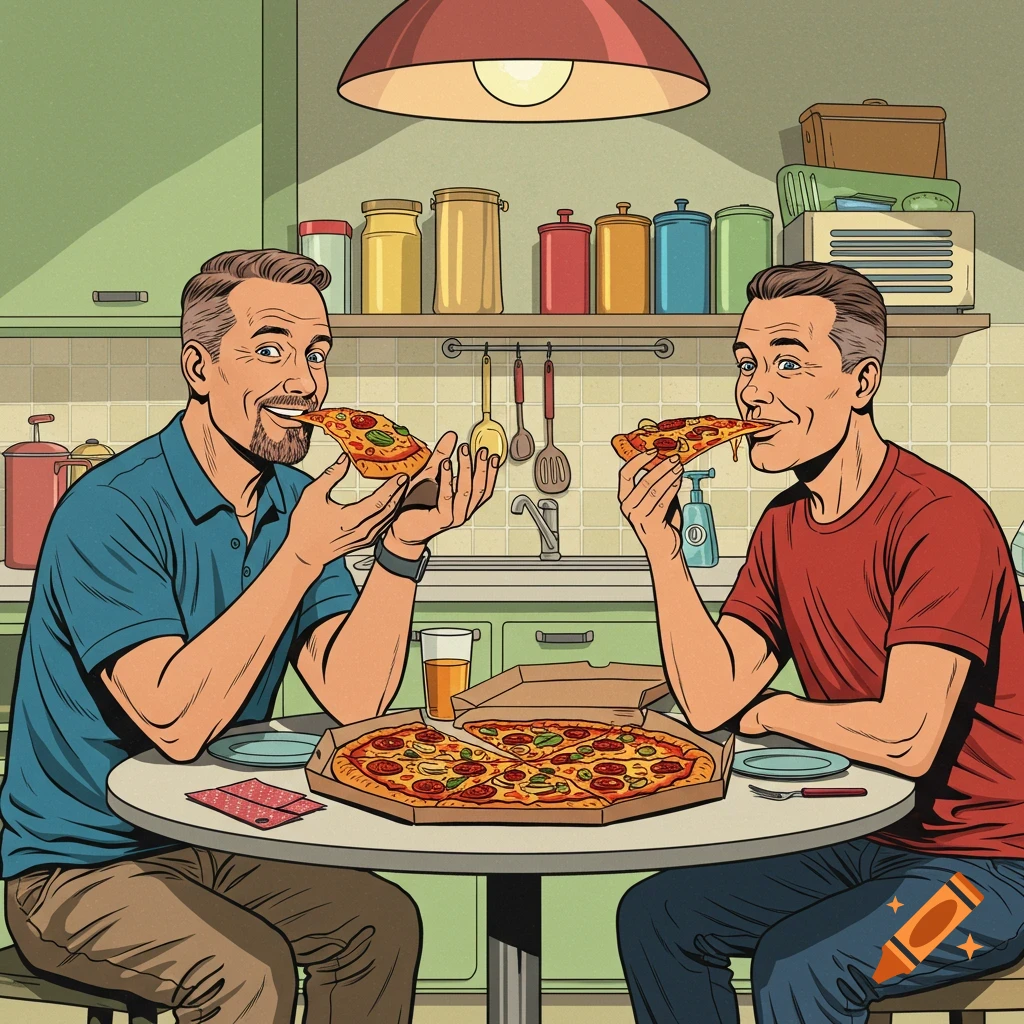 Two men eating pizza at a kitchen table in a comic book art style.