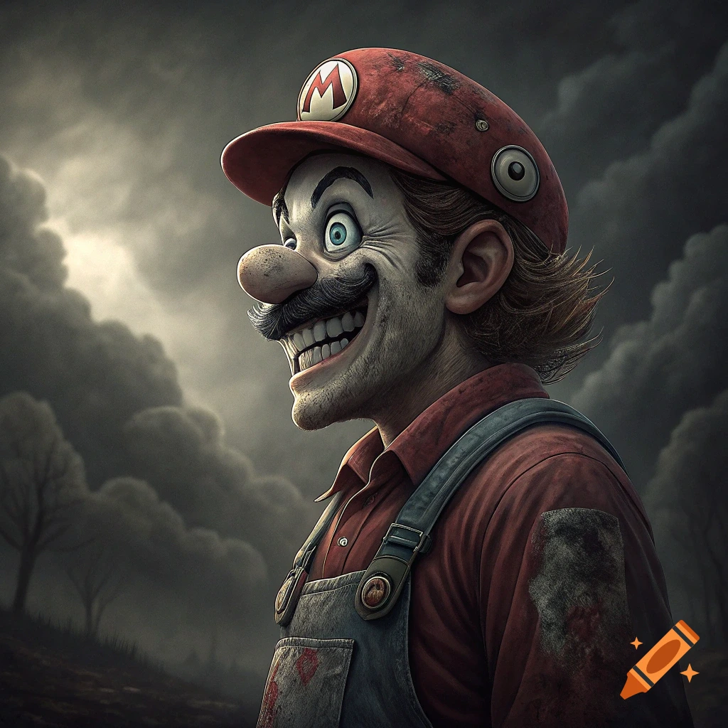 A distorted, creepy version of Mario in overalls and cap, with a wide grin and bulging eyes, stands against a dark, stormy sky.