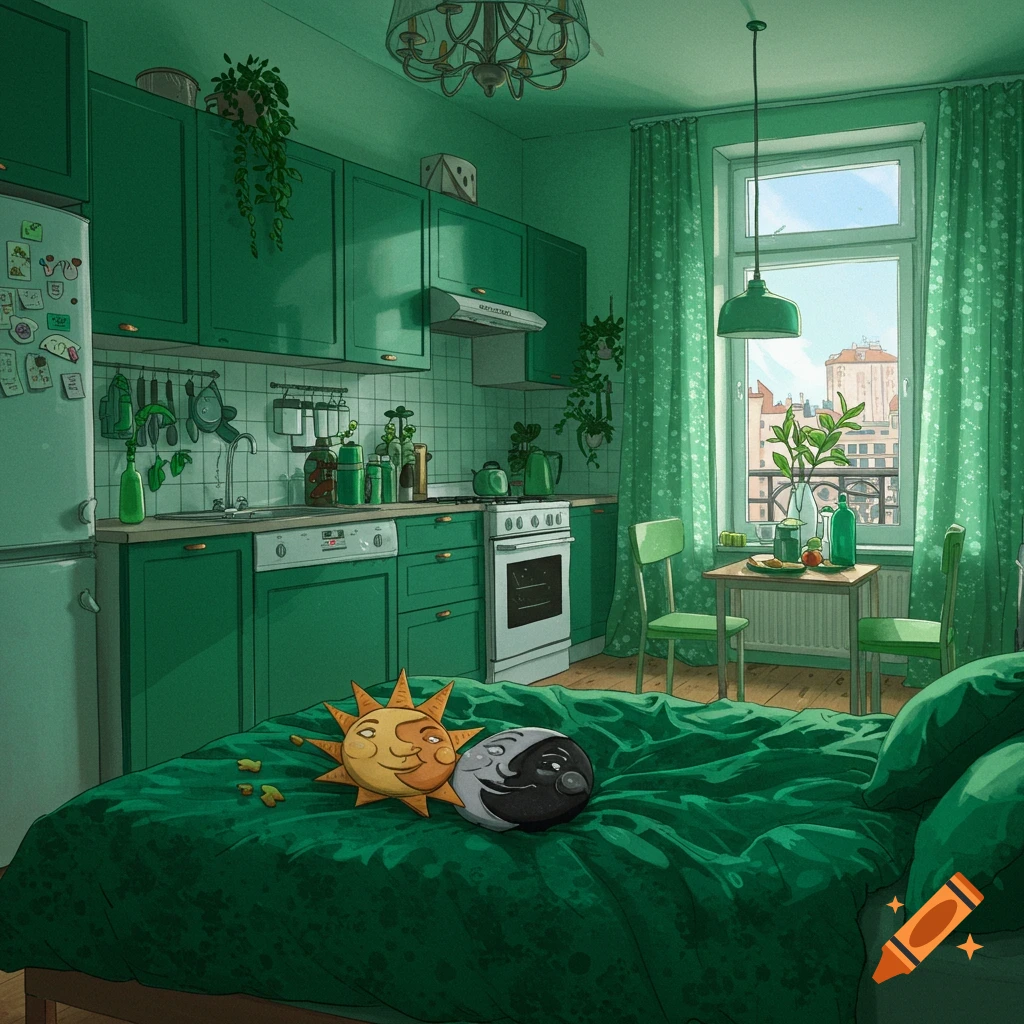 A green apartment interior featuring a kitchen, a bed adorned with sun and moon pillows, and a window offering a view.