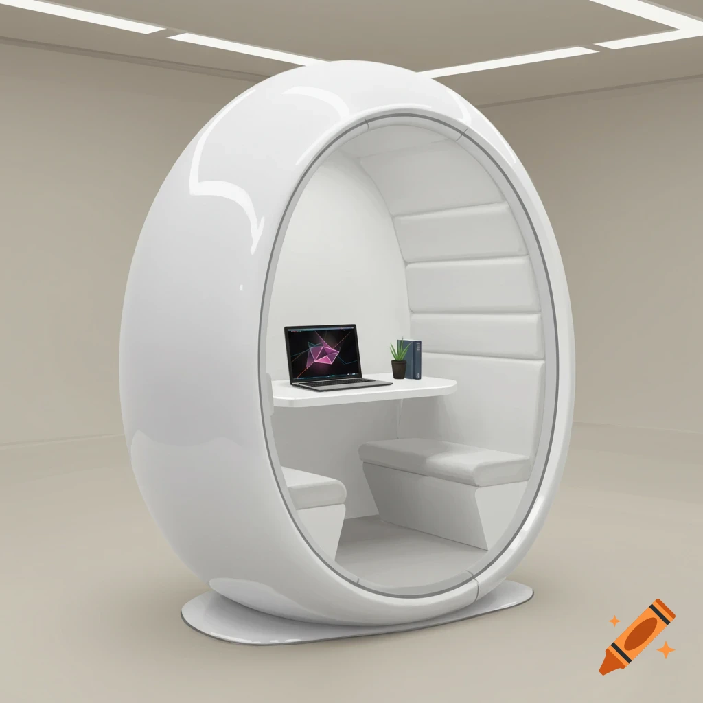 A white, egg-shaped study pod with a laptop, plant, and book inside, rendered digitally.