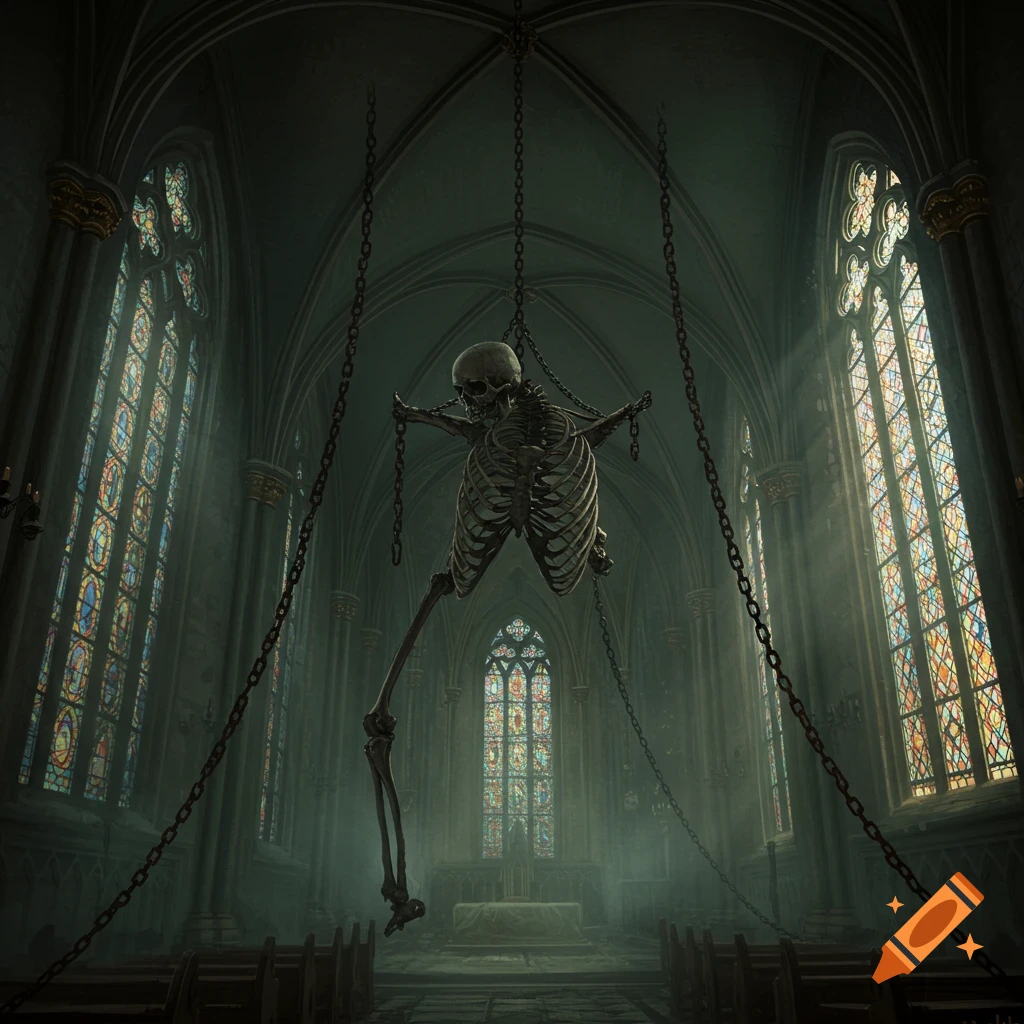 A skeleton hangs by chains from the ceiling of a church with stained glass windows.