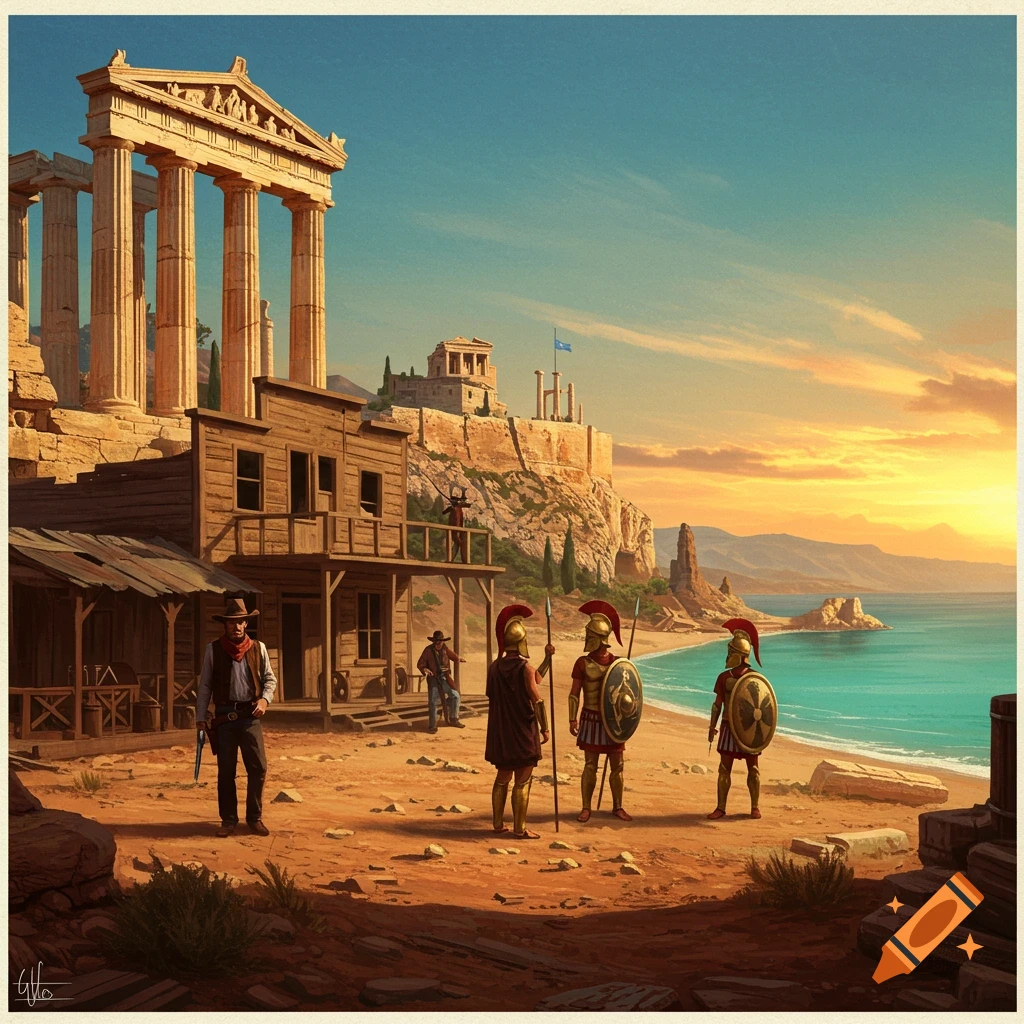 An ancient Greek temple stands next to a Wild West building on a beach, populated by cowboys and Greek soldiers.