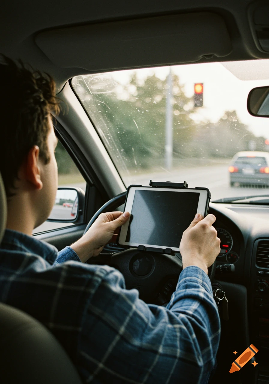 A person looks at a tablet while driving a car near a red light.