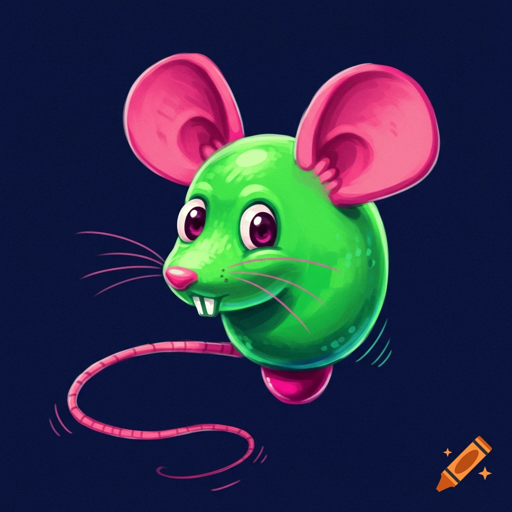 A floating green cartoon mouse head with pink ears and tail on a dark blue background.