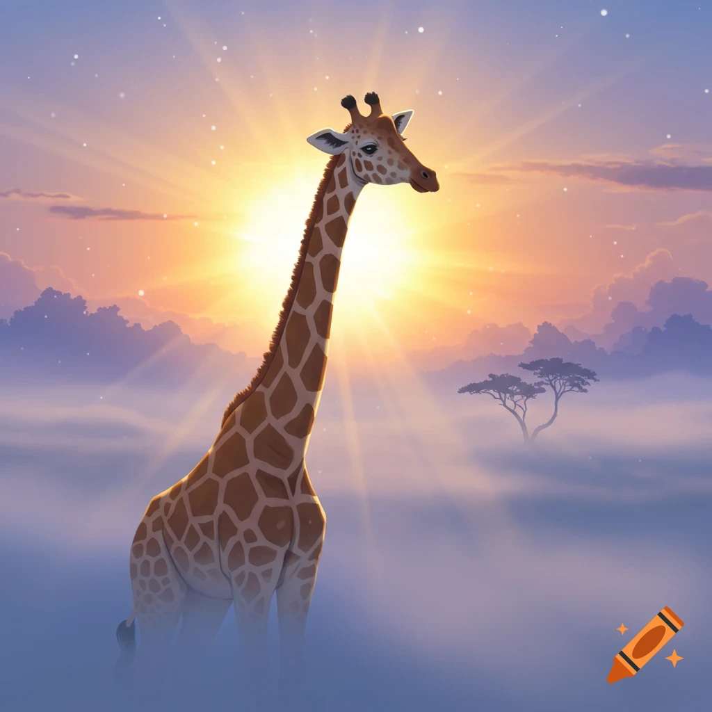 A giraffe emerging from mist with a sunrise behind it.