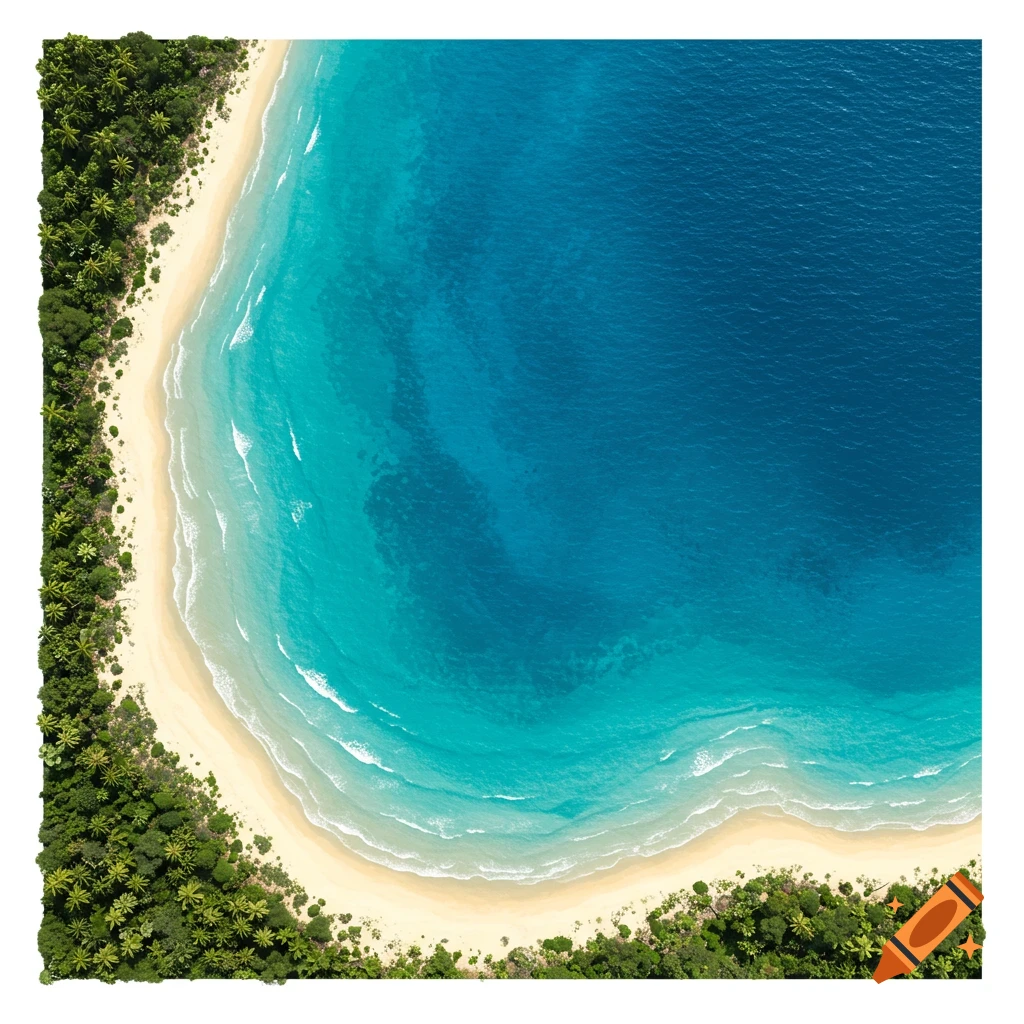 Aerial view of a tropical beach where sand meets turquoise ocean and green jungle.