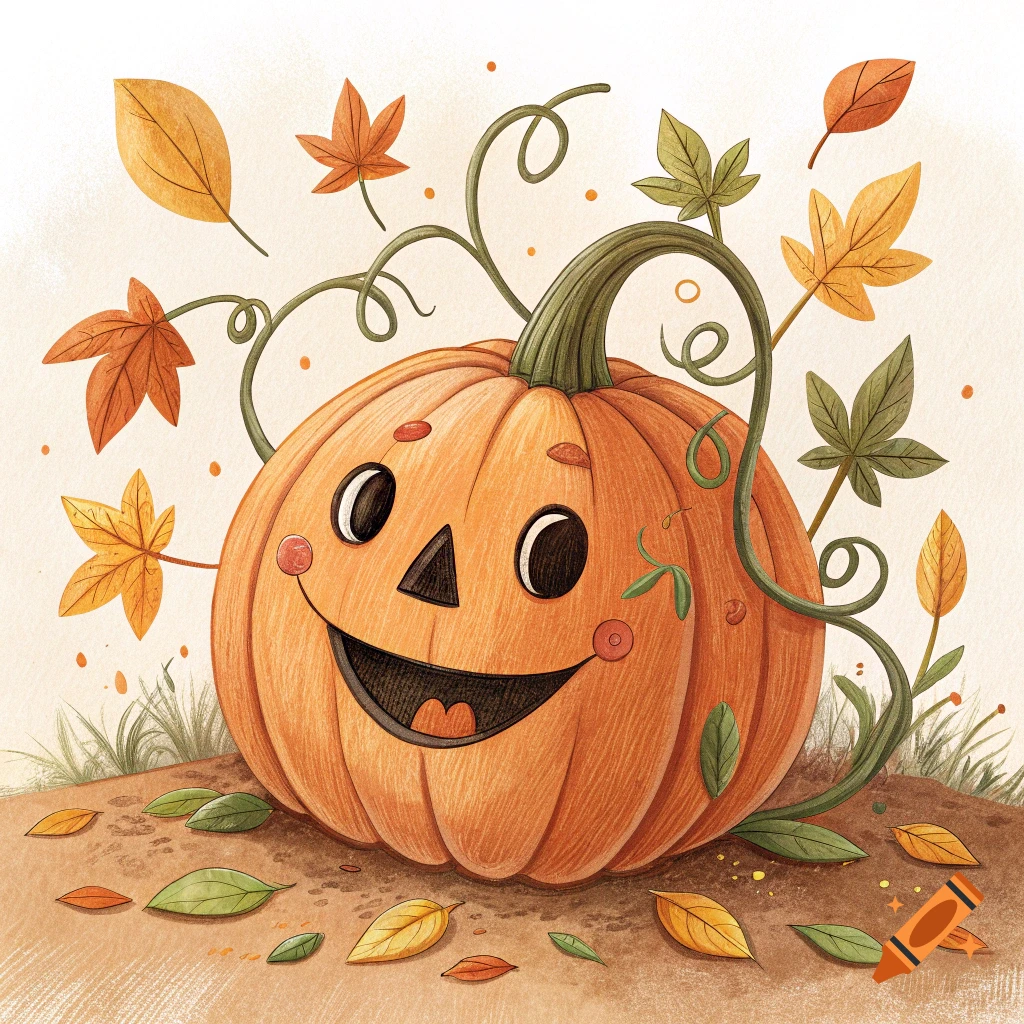 A cartoon pumpkin with a face sits on the ground surrounded by autumn leaves in an illustrated style.