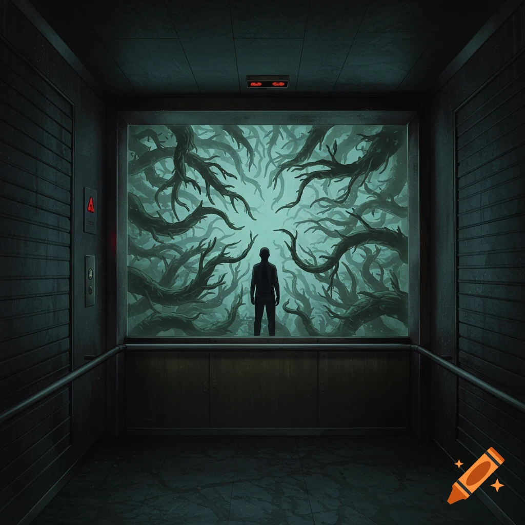 A dark figure stands in an elevator looking out at a void filled with twisting, dark vines and tendrils.