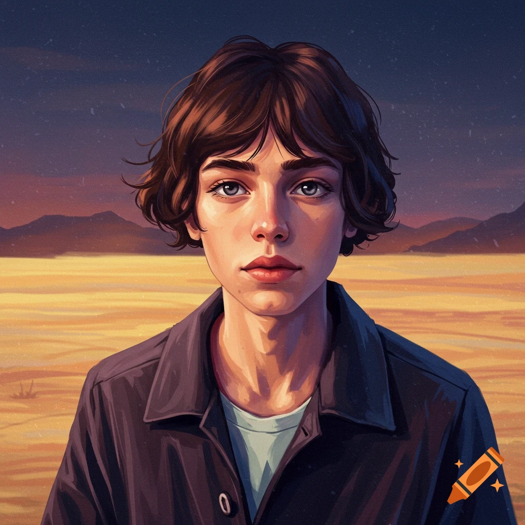 Portrait of a person with short brown hair and blue eyes against a sunset desert landscape.