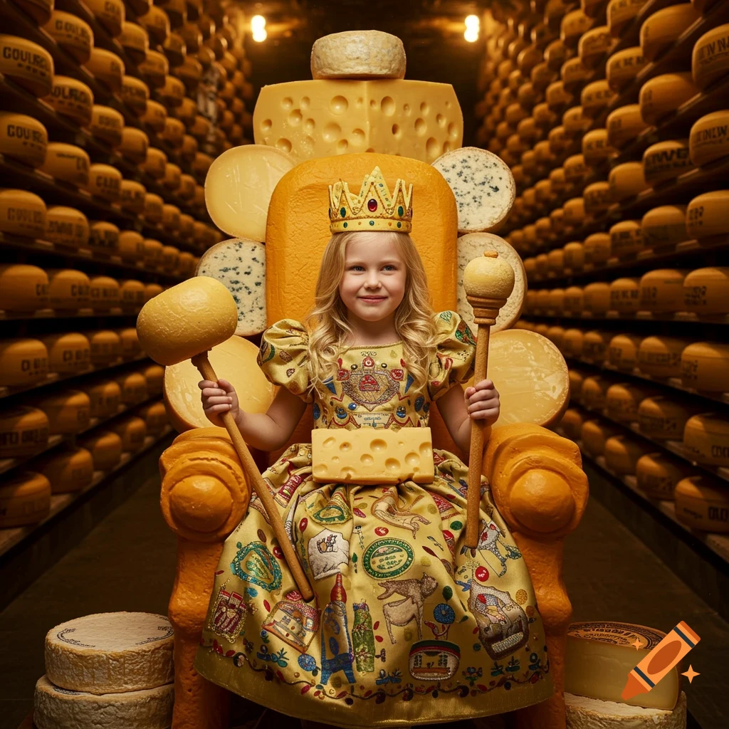Young girl in cheese-themed dress and crown sits on a cheese throne in a cheese cave holding cheese scepters.
