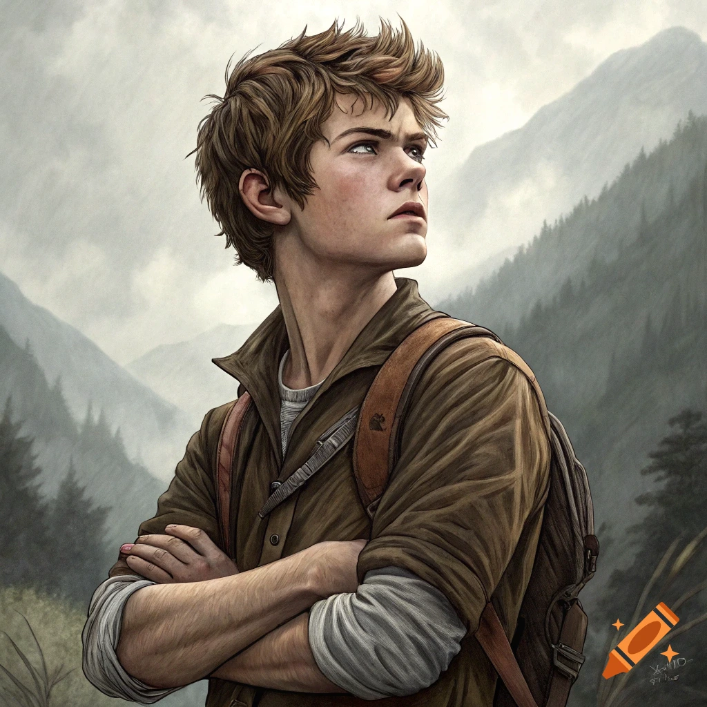 Portrait of a young man with a backpack looking up in a mountain landscape.