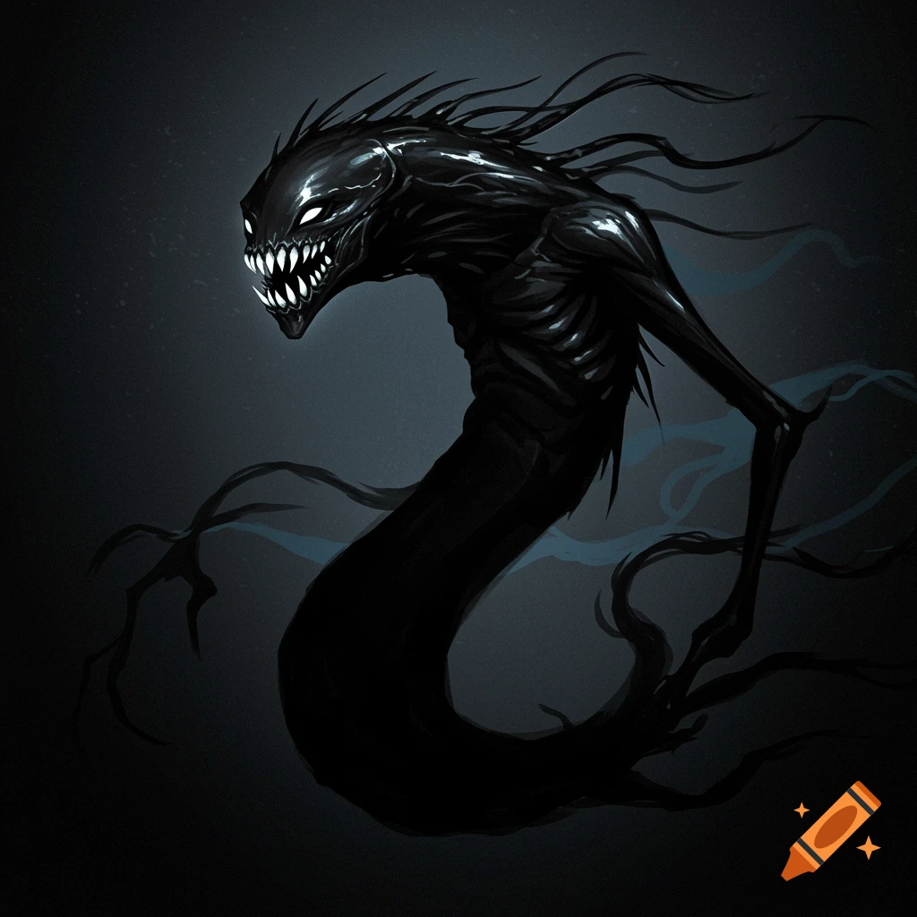 A dark, shadowy serpentine creature with glowing eyes and sharp teeth, surrounded by wisps of smoke