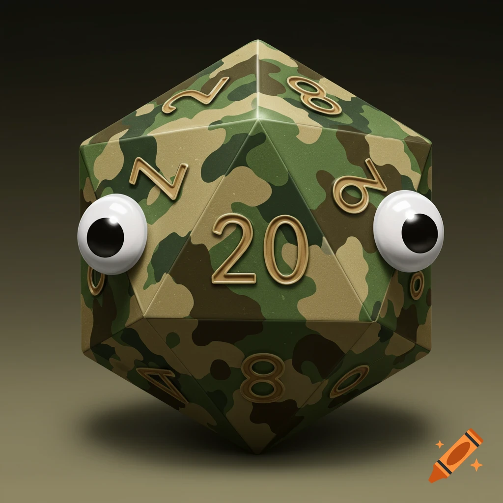 A large D20 die covered in army camouflage pattern, with googly eyes attached to two of its faces.