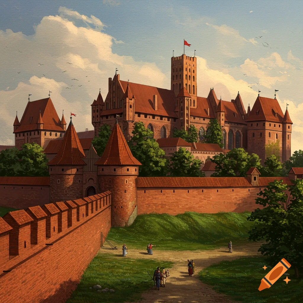A large medieval castle with red roofs and walls is viewed from outside the main wall with people in the foreground.