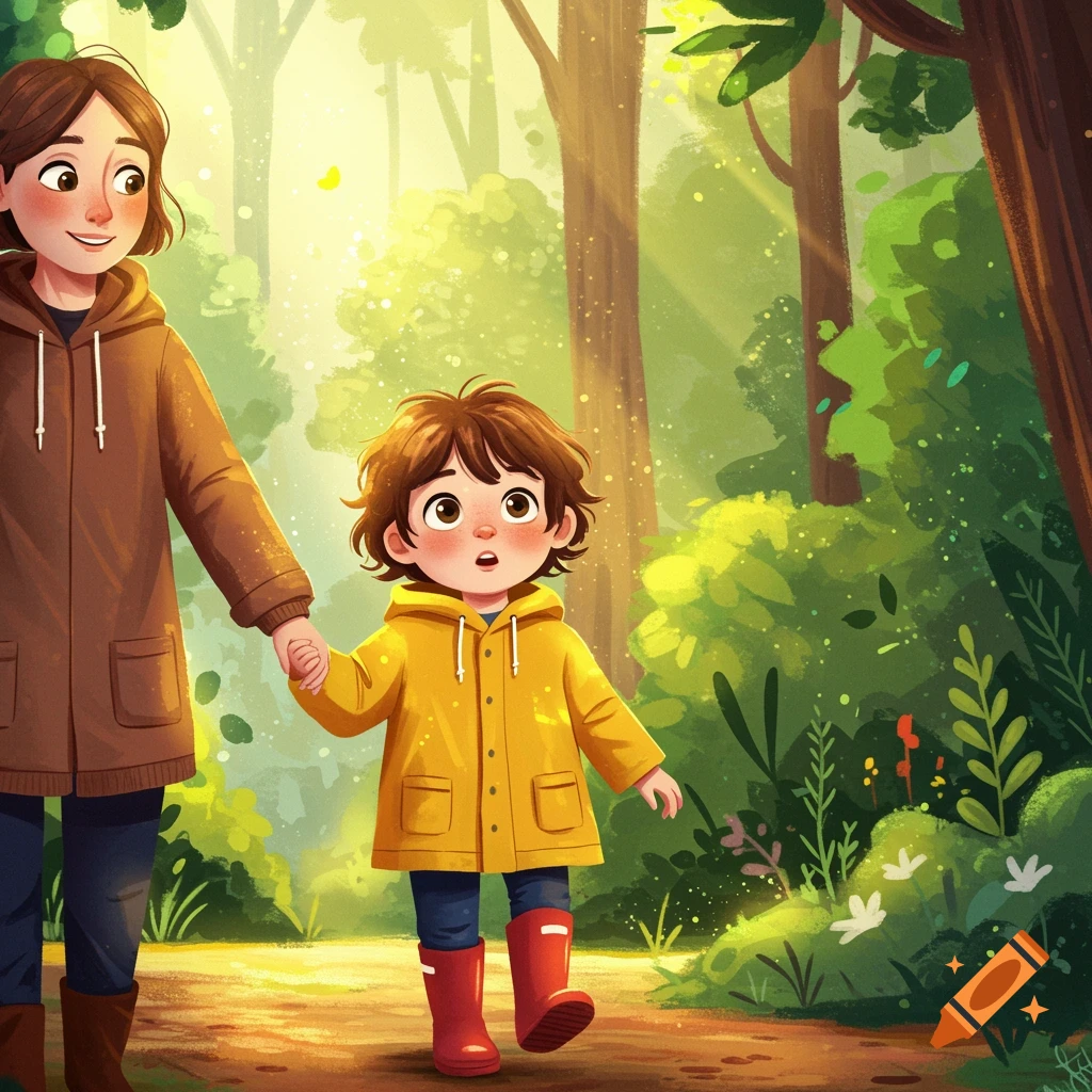 Child in yellow raincoat holds parent's hand, walking in a sunlit forest illustration.